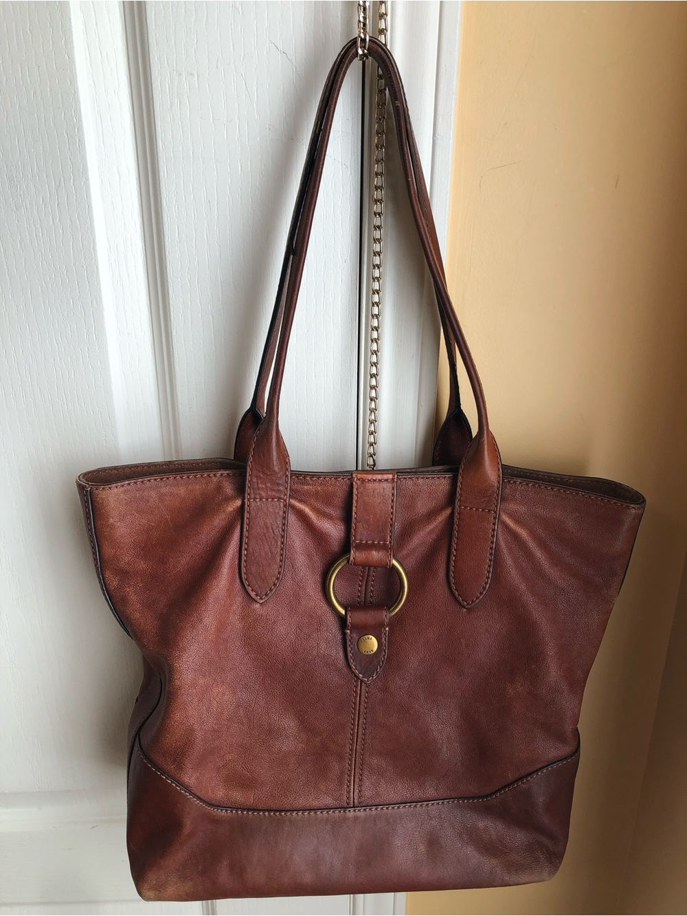 Vintage Frye cognac Brown genuine Leather ring shopper Tote